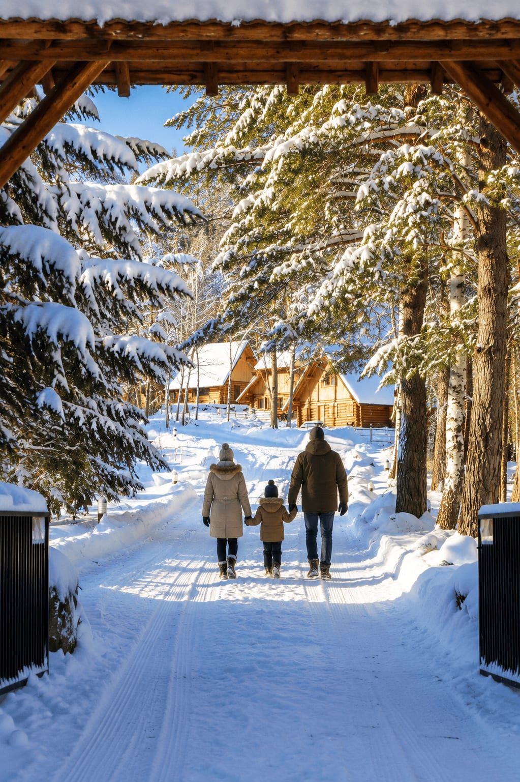 Chemin enneigé menant à un chalet en bois dans la forêt en hiver